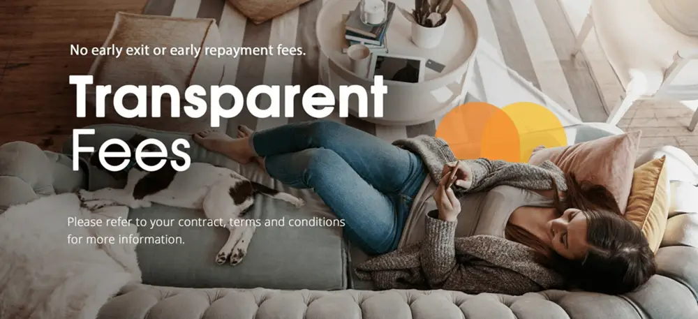 A woman relaxes on a couch with her dog, using a tablet. Text reads: No early exit or early repayment fees with Pay Later. Transparent Fees. Please refer to your contract, terms and conditions for more information.